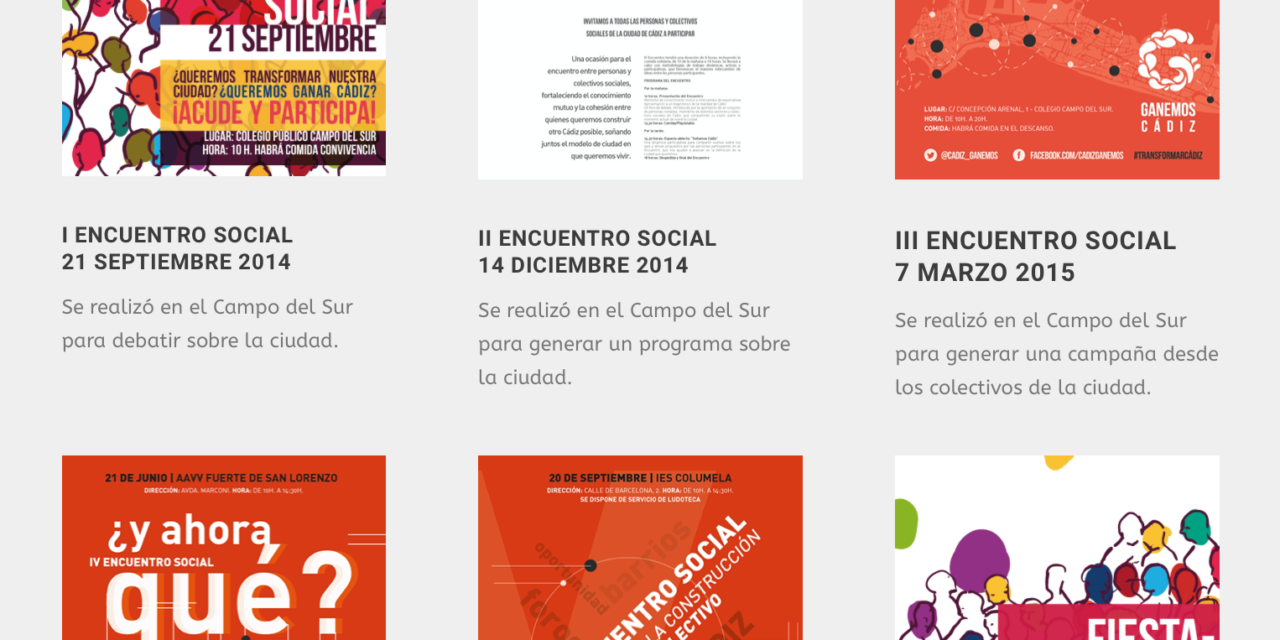 Carteles de los encuentros sociales realizados por Ganar Cádiz en común desde 2014